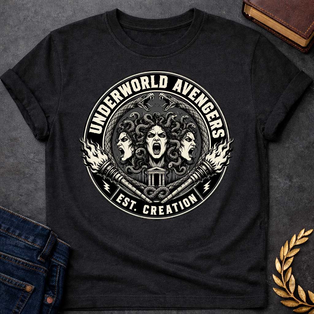 Black T-shirt with an Official emblem design for the 'Underworld Avengers,' a parody combining Greek mythology with Marvel. Three Fury faces with detailed serpent hair display aggressive expressions. A Greek temple sits below, framed by crossed ornate daggers. Flames and lightning bolts accent the circular seal in vintage badge style. Text reads 'Underworld Avengers: Est. Creation.' Black and cream colors celebrate a team of divine vengeance and supernatural justice.