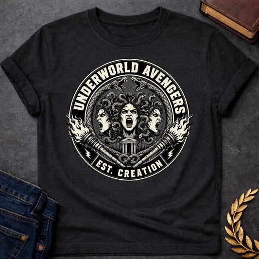 Black T-shirt with an Official emblem design for the 'Underworld Avengers,' a parody combining Greek mythology with Marvel. Three Fury faces with detailed serpent hair display aggressive expressions. A Greek temple sits below, framed by crossed ornate daggers. Flames and lightning bolts accent the circular seal in vintage badge style. Text reads 'Underworld Avengers: Est. Creation.' Black and cream colors celebrate a team of divine vengeance and supernatural justice.