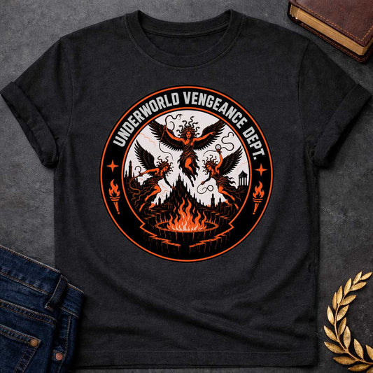 Black T-shirt with an Official seal for the 'Underworld Vengeance Department,' a parody blending Greek mythology with government bureaucracy. Three winged Furies with serpent hair occupy the center in orange and black. A dark gothic underworld landscape with towers sprawls below. Large flaming torches frame the design. Four-pointed stars accent the circular seal border. Black, orange, and cream colors create an official emblem celebrating divine vengeance as institutional authority.