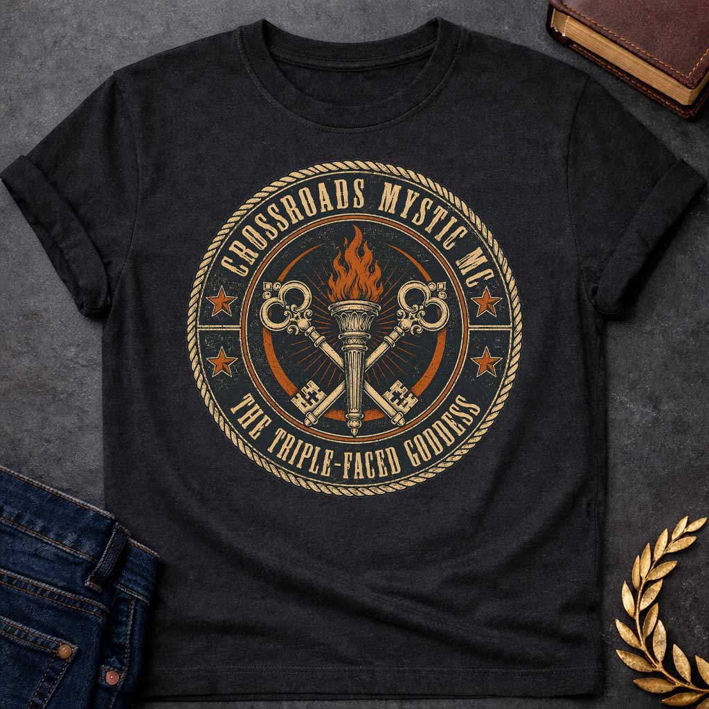 Black T-shirt with a Motorcycle club patch-style emblem in navy, gold, and orange inspired by Hecate and crossroads mythology. A central ornate torch with orange flames is flanked by two crossed serpent handles with decorative gold scrollwork. Radiating lines suggest divine power. Text reads 'Crossroads Mystic MC' and 'The Triple-Faced Goddess' around the border. Orange stars and rope border complete the official club patch look. Distressed texture adds authentic biker aesthetic.