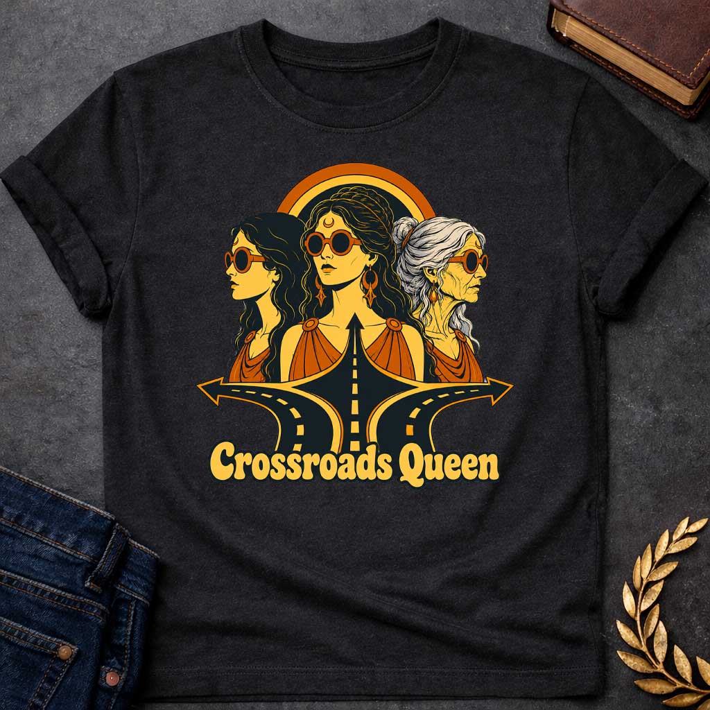 Black T-shirt with a Glamorous retro illustration of Hecate as 'Crossroads Queen' in gold and orange with 70s aesthetic. Three female faces wear oversized round sunglasses and gold jewelry including crescent moon symbols and hoops. Center figure wears a crescent moon bindi. All wear draped orange clothing. A golden halo radiates behind them. Below, stylized black roads with yellow center lines converge at a crossroads. Text reads 'Crossroads Queen' in gold.