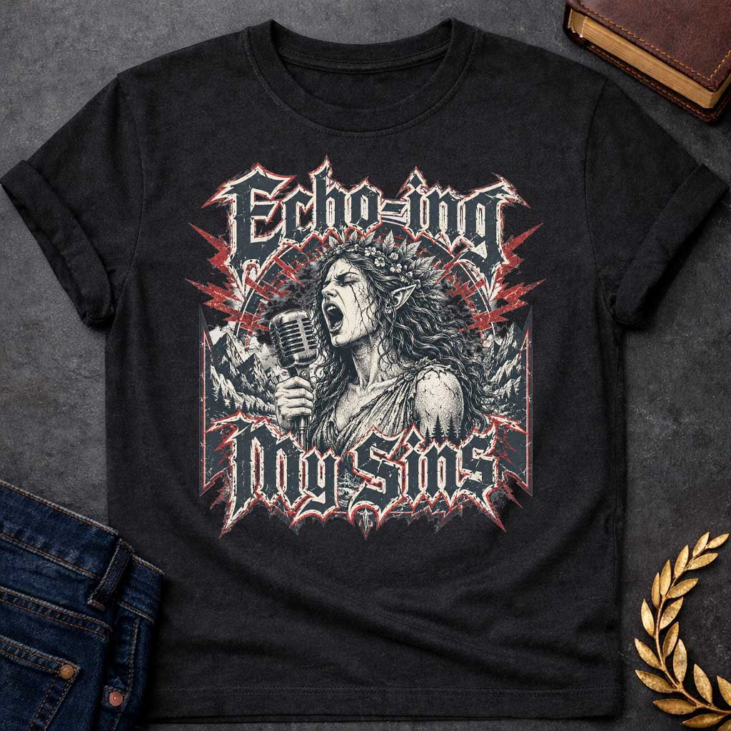 Black T-shirt with a Heavy metal band aesthetic featuring Echo from Greek mythology as a powerful vocalist. A woman with long wavy hair and leaf crown holds a vintage microphone, singing passionately. Black and white engraving style with red lightning accents. Dark mountainous landscape frames the scene. Text reads 'ECHO-ING MY SINS' in aggressive metal lettering with spiky ornamental borders. Clever wordplay combines the mythological nymph with modern rock rebellion and vocal empowerment.