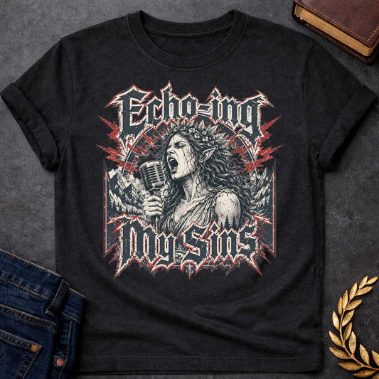 Black T-shirt with a Heavy metal band aesthetic featuring Echo from Greek mythology as a powerful vocalist. A woman with long wavy hair and leaf crown holds a vintage microphone, singing passionately. Black and white engraving style with red lightning accents. Dark mountainous landscape frames the scene. Text reads 'ECHO-ING MY SINS' in aggressive metal lettering with spiky ornamental borders. Clever wordplay combines the mythological nymph with modern rock rebellion and vocal empowerment.