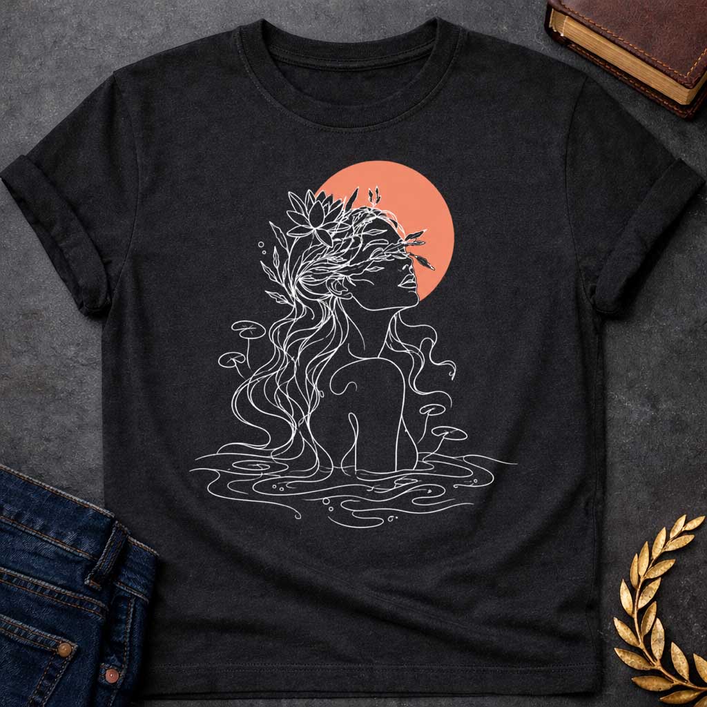 Black T-shirt with a minimalist, single-line art illustration of a water nymph. The design features the profile of a woman emerging from a stylized pond, with flowing hair adorned with water lilies and aquatic plants. The sun is represented by a solid, warm terracotta circle behind her head. The graphic uses fine white lines on a clean background, creating a serene, modern, and nature-inspired aesthetic