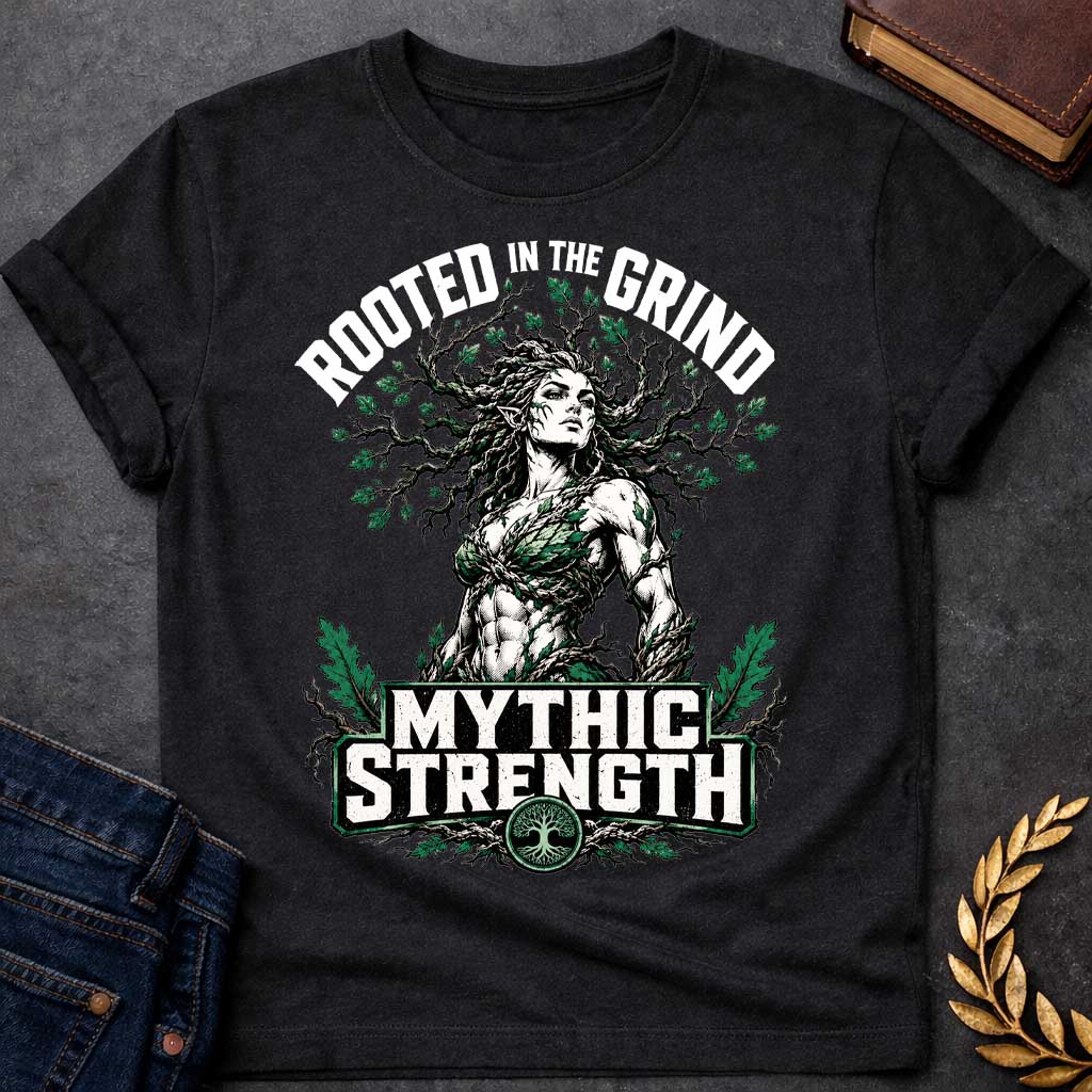 Black T-shirt with a gym-style Greek mythology t-shirt design featuring a highly muscular tree nymph. Her hair transitions into a massive, sprawling network of oak branches filled with green leaves. Arched above her is the text "ROOTED IN THE GRIND" in a distressed block font. Below her powerful physique, a bold green and white emblem reads "MYTHIC STRENGTH," anchored at the bottom by a circular tree of life icon