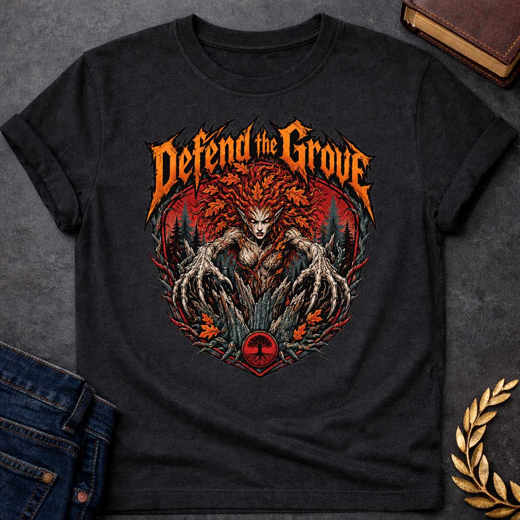 Black T-shirt with a heavy metal style t-shirt graphic featuring an aggressive, monstrous dryad in a dark forest. She has fiery red and orange autumn leaf hair and sharp, root-like claws extending forward. Above the central circular graphic, the phrase "Defend the Grove" is written in a jagged, spiky orange death metal font. A small circular tree icon rests at the bottom center of the intense design