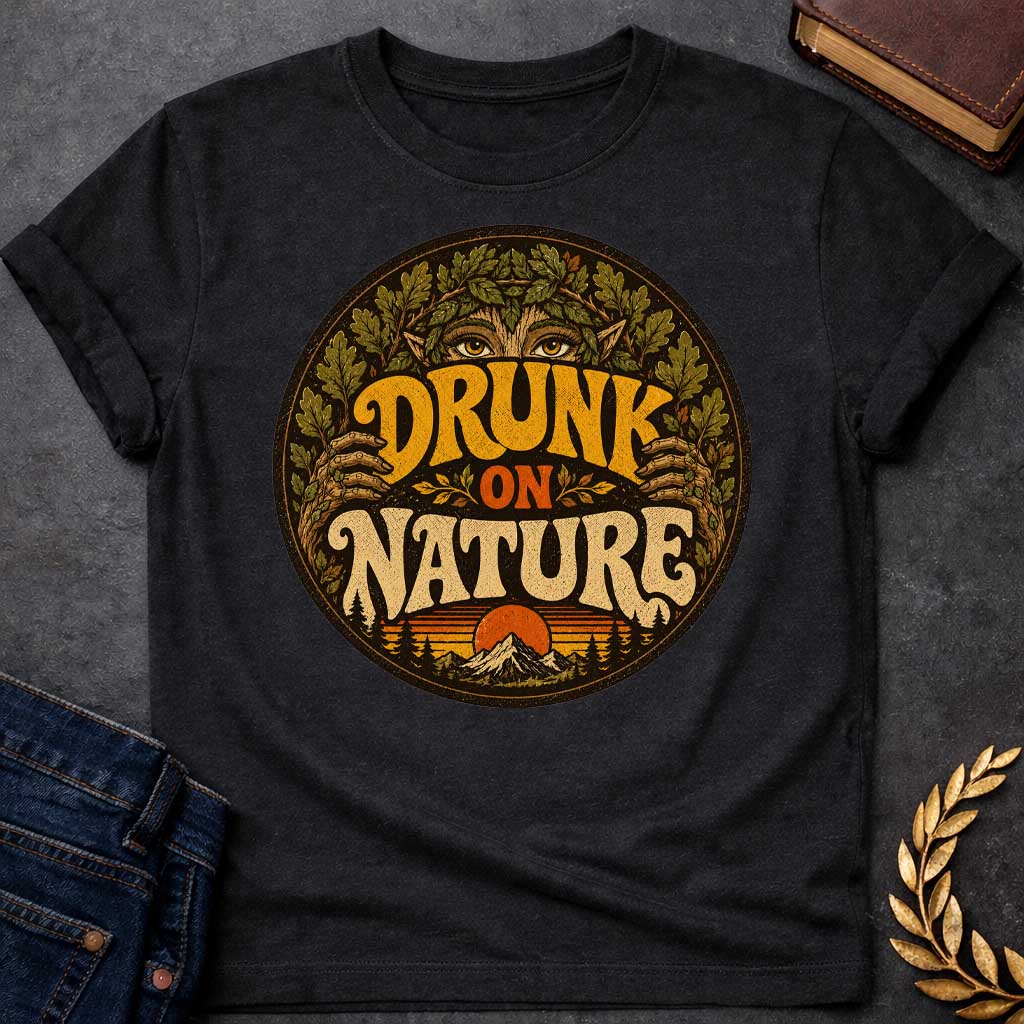Black T-shirt with a vintage, retro-style t-shirt graphic enclosed in a circular badge. At the top, the intense gold eyes of a forest nymph or dryad peek out from behind a thick crown of oak leaves. Earthy, stylized 1970s block text proudly reads "DRUNK ON NATURE" in gold and cream. The bottom of the design showcases a serene mountain landscape and a setting sun, framed by rustic pine trees and a distressed texture