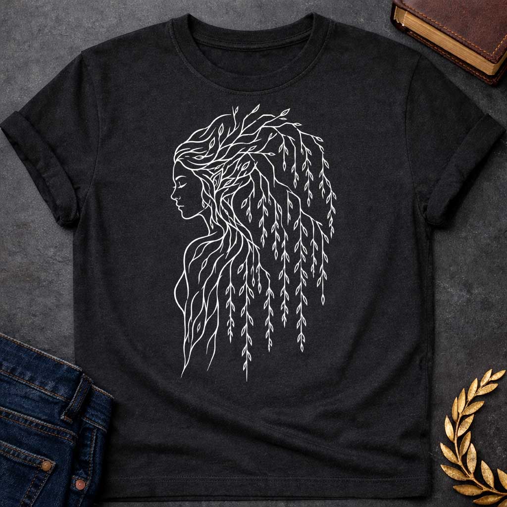 Black T-shirt with a Minimalist line art portrait of a dryad, a tree nymph from Greek mythology. A woman's profile in delicate white lines has hair composed entirely of weeping willow branches and drooping leaves cascading down her back. Individual leaves are intricately detailed, flowing gracefully like water. Simple contour drawing style emphasizes the spiritual connection between human and nature. Celebrates the mythological guardians of forests and their ethereal beauty

