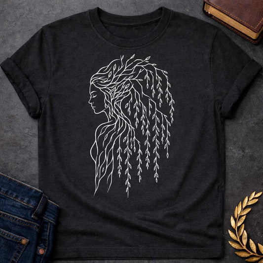 Black T-shirt with a Minimalist line art portrait of a dryad, a tree nymph from Greek mythology. A woman's profile in delicate white lines has hair composed entirely of weeping willow branches and drooping leaves cascading down her back. Individual leaves are intricately detailed, flowing gracefully like water. Simple contour drawing style emphasizes the spiritual connection between human and nature. Celebrates the mythological guardians of forests and their ethereal beauty
