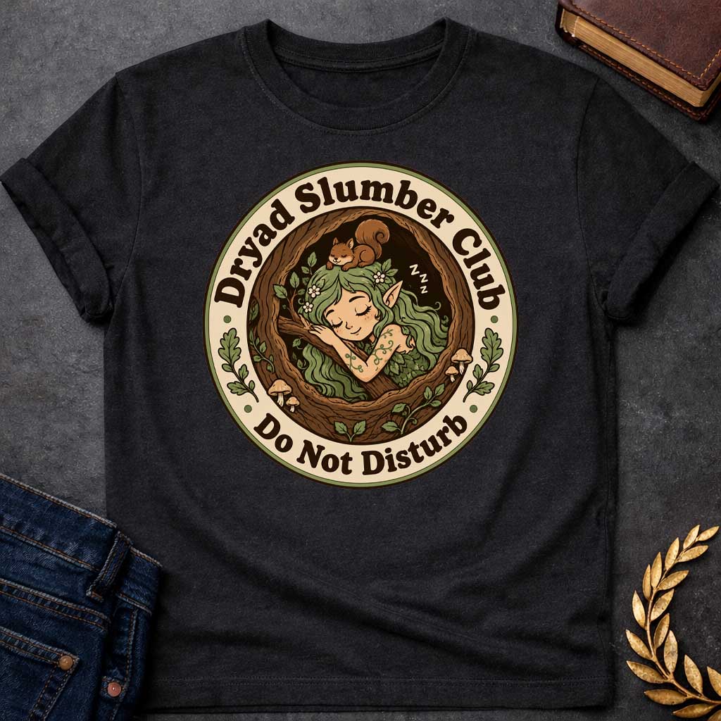 Black T-shirt with a cute, cartoon-style t-shirt graphic enclosed in a circular badge. Inside a cozy tree hollow, a little green-haired dryad or forest elf sleeps peacefully next to small mushrooms, while a tiny brown squirrel naps on her head. A cream-colored outer ring features dark brown text that reads "Dryad Slumber Club" along the top and "Do Not Disturb" along the bottom, accented by small green oak leaves