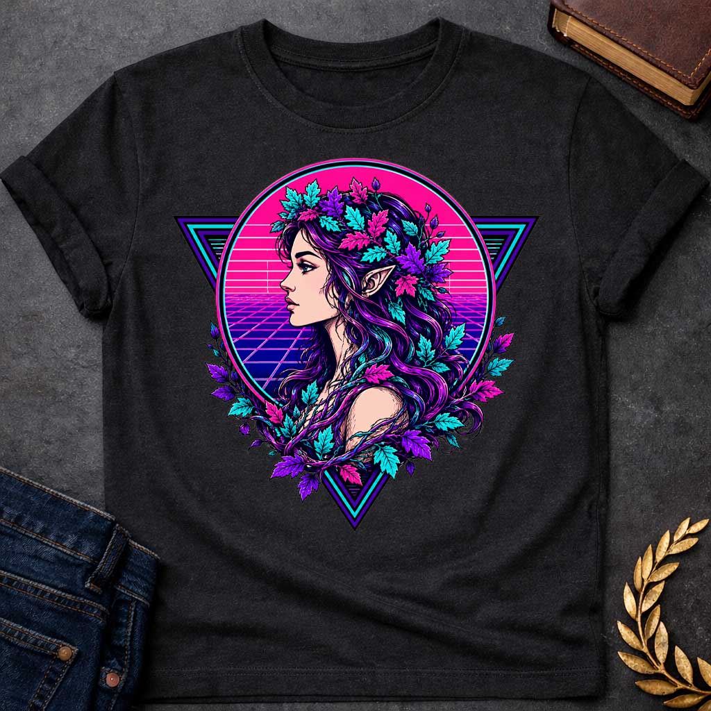 Black T-shirt with a vibrant 1980s synthwave-style graphic. A stylized dryad silhouette emerges from a geometric wireframe tree, set against a glowing neon pink and cyan sun. The background features a classic retrowave perspective grid and retro palm tree outlines. The vivid color palette combines neon pinks, purples, and electric blues for a retro-futuristic, nostalgic, and high-contrast summer aesthetic.