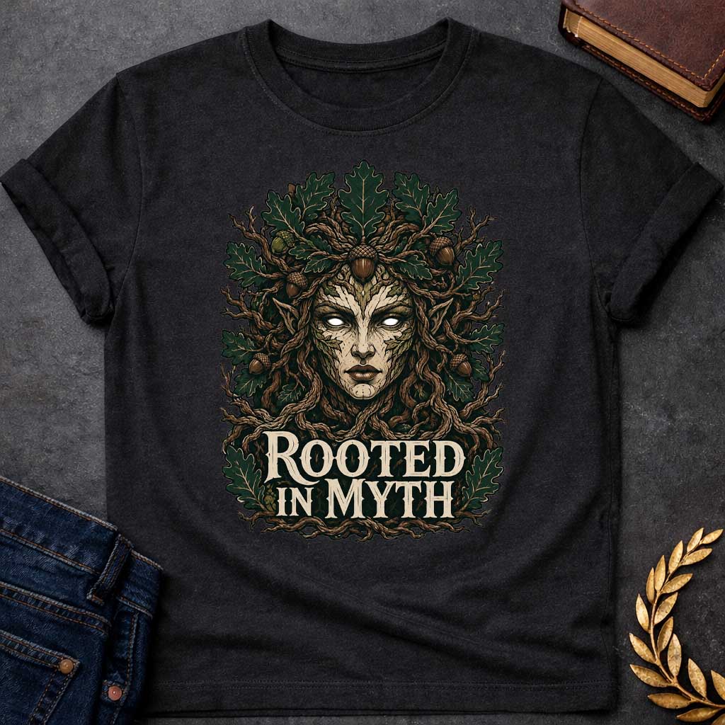 Black T-shirt with a detailed cottagecore-style graphic featuring a powerful oak tree dryad or nature spirit. Her intense face, with glowing white eyes, is framed by gnarled, twisting branches and a thick canopy of dark green oak leaves and brown acorns. Interwoven with the roots at the bottom, the bold, stylized cream text reads "ROOTED IN MYTH," creating a striking, mythical, and nature-inspired apparel design