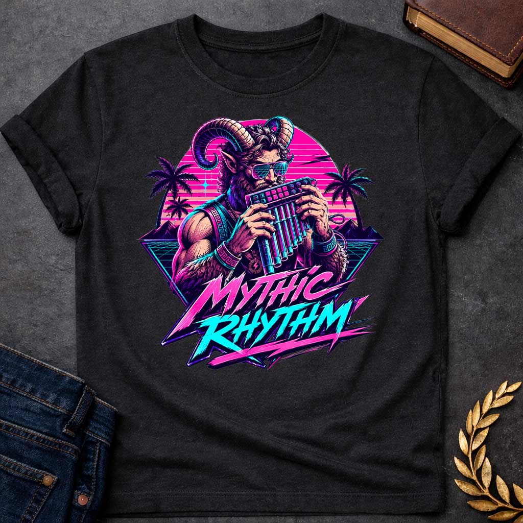Black T-shirt with a Vaporwave-style illustration of a satyr in neon magenta and cyan, holding a pan flute and modern music production keyboard. The bearded figure wears sunglasses with gradient frames and ornamental bracelets with Greek key patterns. Framed by tropical palm trees and geometric mountains with scan line effects. Text reads 'MYTHIC RHYTHM' in bold magenta and cyan lettering with zigzag effects. Blends classical Greek mythology with modern electronic music culture and retro digital aesthetics.