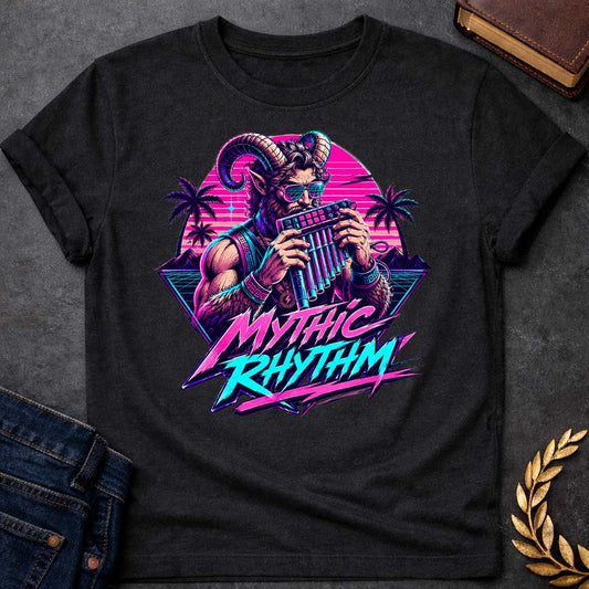 Black T-shirt with a Vaporwave-style illustration of a satyr in neon magenta and cyan, holding a pan flute and modern music production keyboard. The bearded figure wears sunglasses with gradient frames and ornamental bracelets with Greek key patterns. Framed by tropical palm trees and geometric mountains with scan line effects. Text reads 'MYTHIC RHYTHM' in bold magenta and cyan lettering with zigzag effects. Blends classical Greek mythology with modern electronic music culture and retro digital aesthetics.