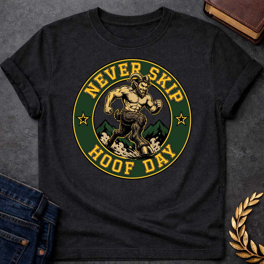 Black T-shirt with a Gym badge-style emblem featuring a muscular satyr celebrating 'Never Skip Hoof Day.' A bearded, horned figure with extremely defined musculature stands on goat legs in a dynamic running pose. Dark green mountains frame the background. Text reads 'Never Skip Hoof Day' in gold lettering around a forest green circle with gold borders and star accents. Humorous wordplay blends Greek mythology satyr imagery with modern fitness culture and leg day humor.