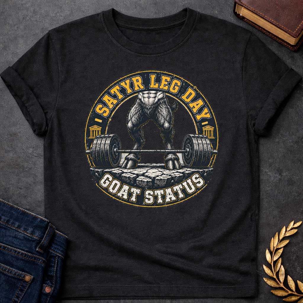 Black T-shirt with a Humorous fitness badge depicting a satyr's leg day workout. Viewed from the waist down, a heavily muscled satyr with dark hairy goat legs stands in a deadlifting stance, holding a loaded barbell with massive weight plates on a rough stone platform. Gold and black circular emblem features text reading 'Satyr Leg Day' and 'Goat Status' with Greek temple columns on sides. Distressed vintage aesthetic celebrates satyr strength and workout dedication.