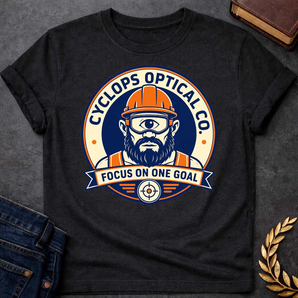 Black T-shirt with a Professional emblem of Cyclops Optical Co. featuring a bearded cyclops construction worker wearing an orange hard hat and safety goggles. The single large eye peers forward with focused intensity. The character wears an orange and navy safety vest. Text reads 'Cyclops Optical Co.' around the rim and 'Focus on One Goal' on a banner below. A crosshair with wings anchors the bottom. Navy, orange, and cream color scheme. Clever pun blending mythology with workplace safety culture.