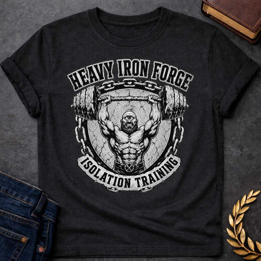Black T-shirt with a Black and white engraving fitness emblem of a muscular cyclops lifting a massive barbell overhead. The bearded figure displays exceptional musculature. Heavy iron chains frame the circular seal with cracked stone. Text reads 'Heavy Iron Forge' and 'Isolation Training.' A crossed hammer symbol adorns the chest. Combines Greek mythology with bodybuilding culture and strength training dedication.
