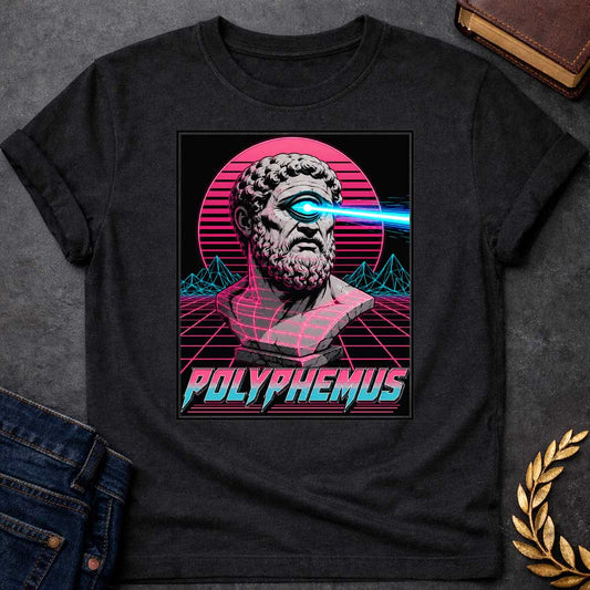 Black T-shirt with a Vaporwave-style illustration of Polyphemus, the Cyclops from Greek mythology. A classical bust with curly beard displays a single large eye shooting a bright cyan laser beam. Magenta and cyan neon color palette with horizontal scan lines. Geometric wireframe mountains and grid floor pattern create a retro digital landscape. Pink sun rises behind the figure. Text reads 'POLYPHEMUS' in stylized magenta and cyan lettering. Blends classical mythology with synthwave aesthetic.