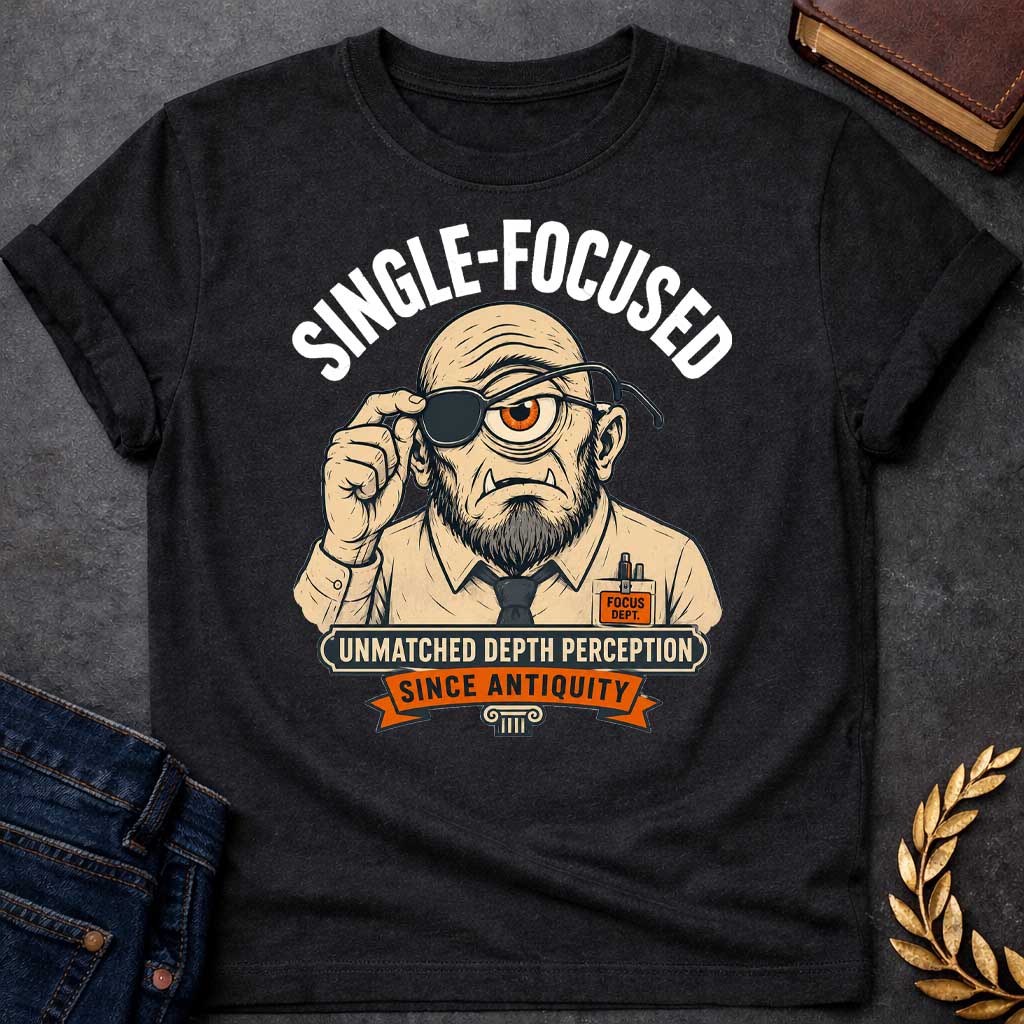 Black T-shirt with a Humorous professional portrait of a bearded cyclops wearing an eye patch over his single orange eye. He sports a tan suit jacket, dark tie, and "Focus Dept." badge. Text reads "Single-Focused" above and "Unmatched Depth Perception Since Antiquity" below. A classical column anchors the design. Cleverly blends Greek mythology with modern workplace culture, celebrating singular focus, professional dedication, and the mythological advantage of single-eyed perception.