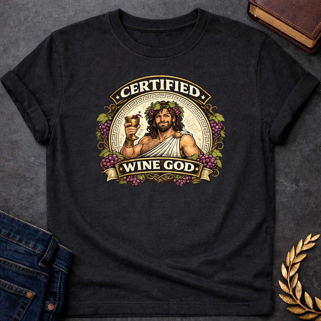dionysus certified wine god greek mythology adult t shirt featuring detailed Greek mythology artwork, symbolic design, and bold graphic style