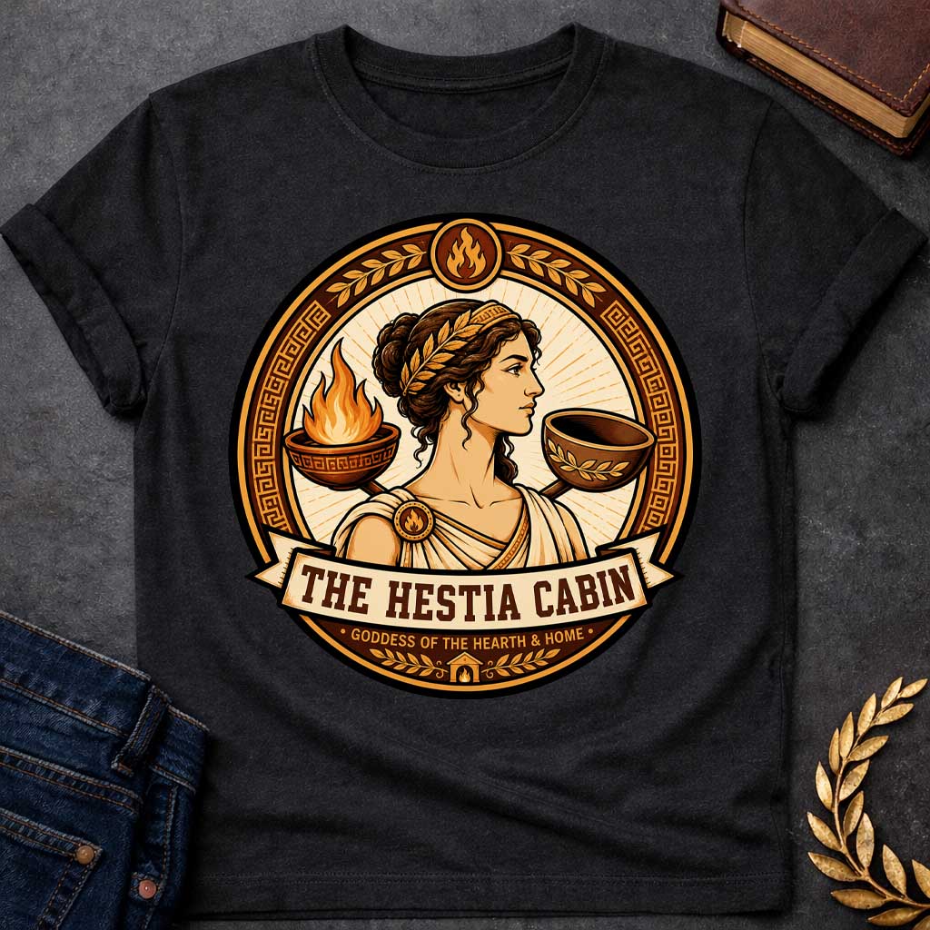 Black t-shirt with a Hestia Greek mythology cabin design featuring the goddess of the hearth and home wearing a laurel crown and classical robes, framed by a burning hearth bowl, ceremonial vessel, flame symbols, laurel leaves, and Greek key patterns. Warm gold and brown circular emblem includes the text “The Hestia Cabin” and “Goddess of the Hearth & Home,”
