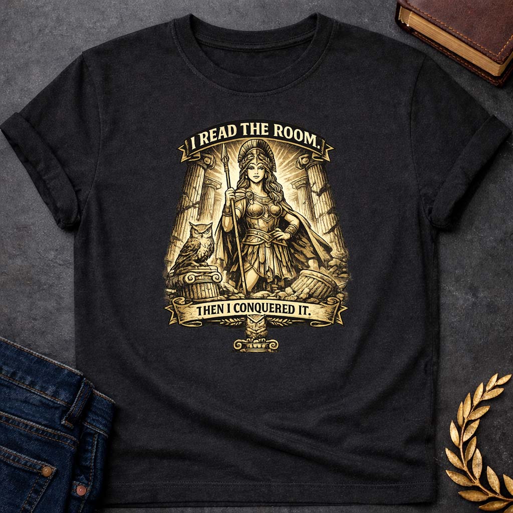 athena i read the room then i conquered it greek mythology youth t shirt featuring owl, laurel wreath, wisdom symbolism in vintage Greek mythology design