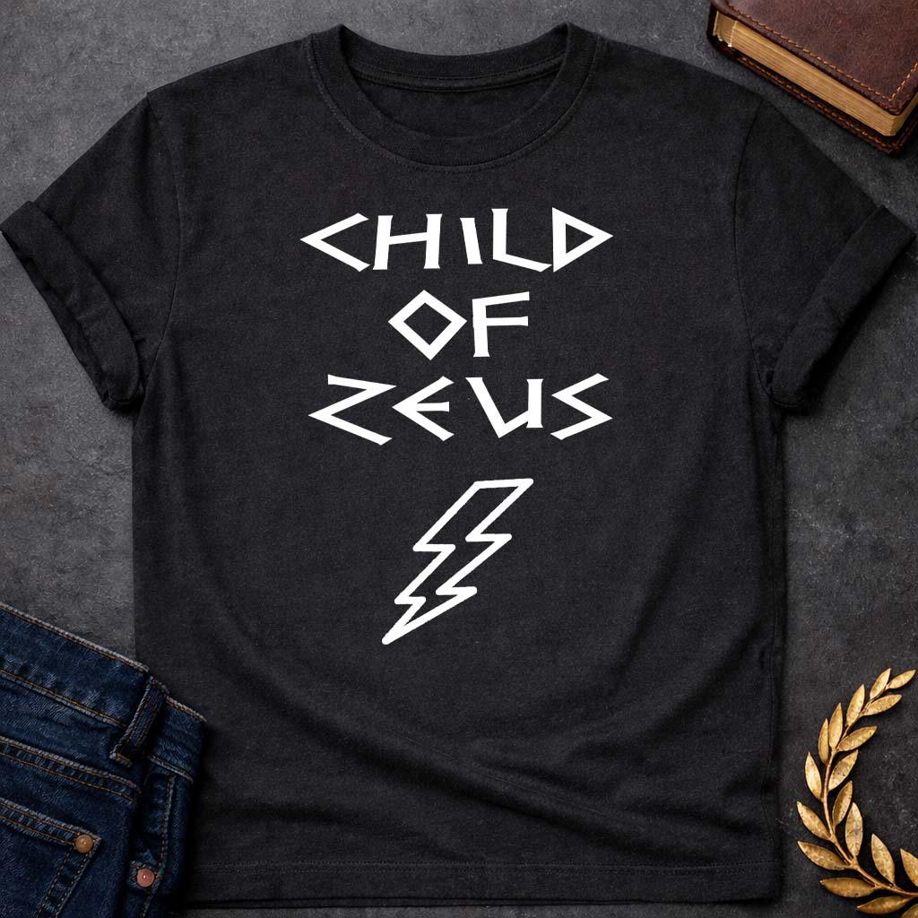 child of zeus greek mythology unisex softstyle adult t shirt featuring lightning bolt, sky god power symbolism in bold Greek mythology design