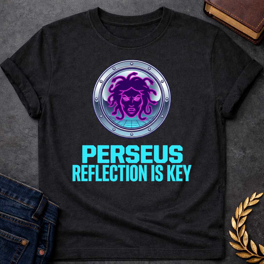 Black t-shirt in synthwave style: a glowing neon-pink and purple Medusa face with snake hair sits inside a chrome porthole frame with rivets, backed by a retro grid floor and gradient sky. Bold cyan text below reads "Perseus" and "Reflection Is Key"