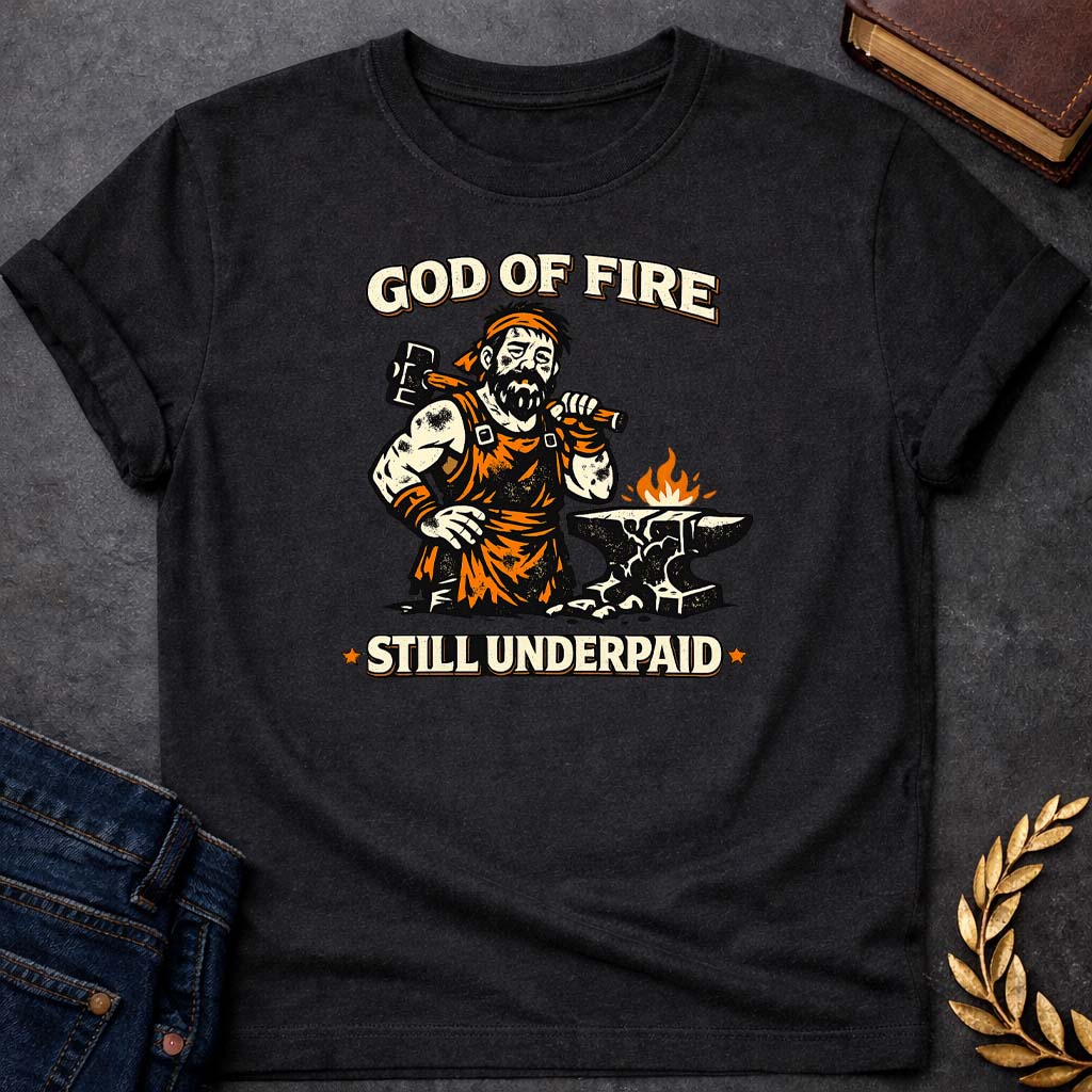 hephaestus god of fire still underpaid greek mythology youth t shirt featuring blacksmith hammer, forge sparks, fire god symbolism in industrial mythology design