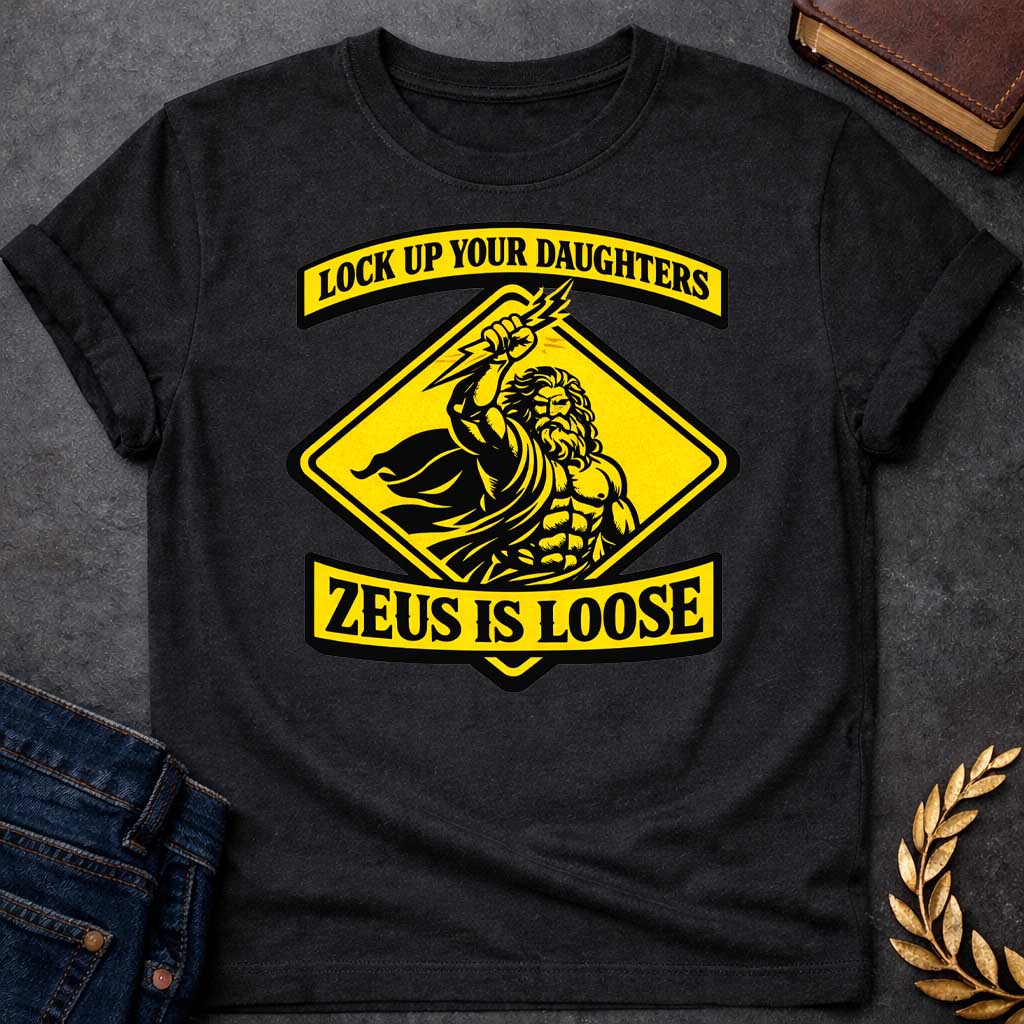 Zeus Lock Up Your Daughters Greek Mythology Adult T-Shirt featuring lightning bolt, sky god power symbolism in bold Greek mythology design