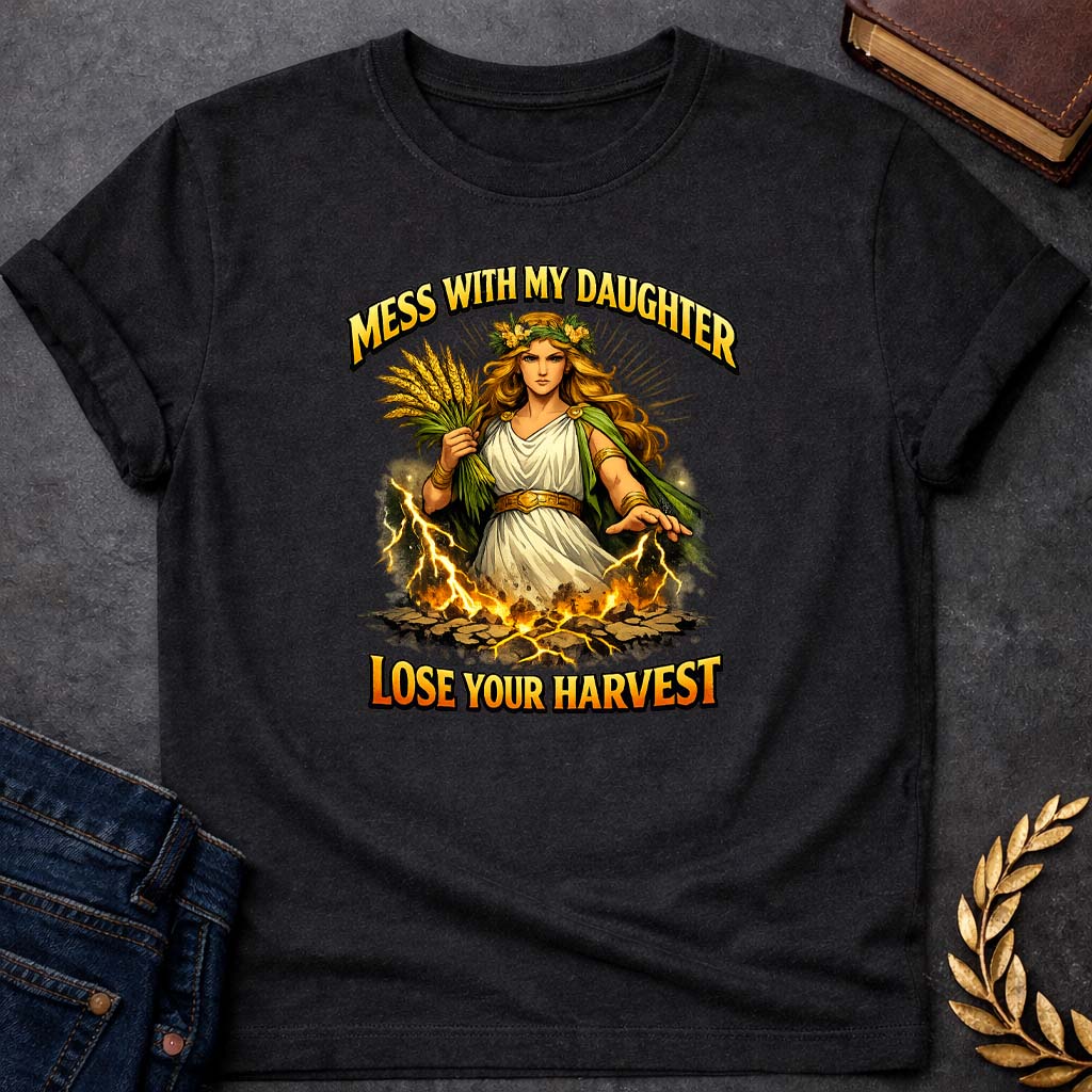 demeter mess with my daughter greek mythology youth t shirt featuring detailed Greek mythology artwork, symbolic design, and bold graphic style