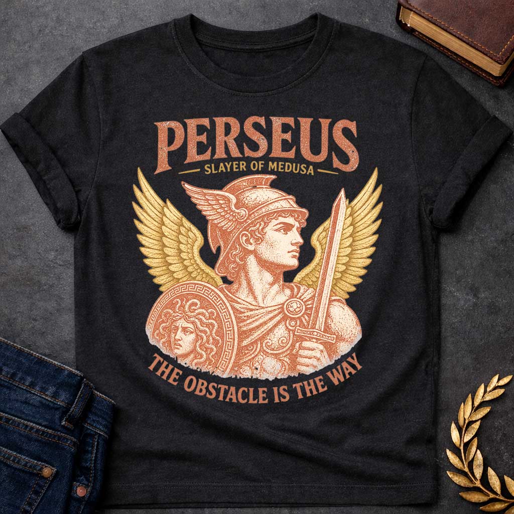 Black t-shirt with a Vintage Perseus Greek mythology design featuring the heroic slayer of Medusa wearing a winged helmet and holding a sword and shield decorated with Medusa’s head. Golden wings frame the distressed terracotta illustration with the text “Perseus,” “Slayer of Medusa,” and “The Obstacle Is the Way.”