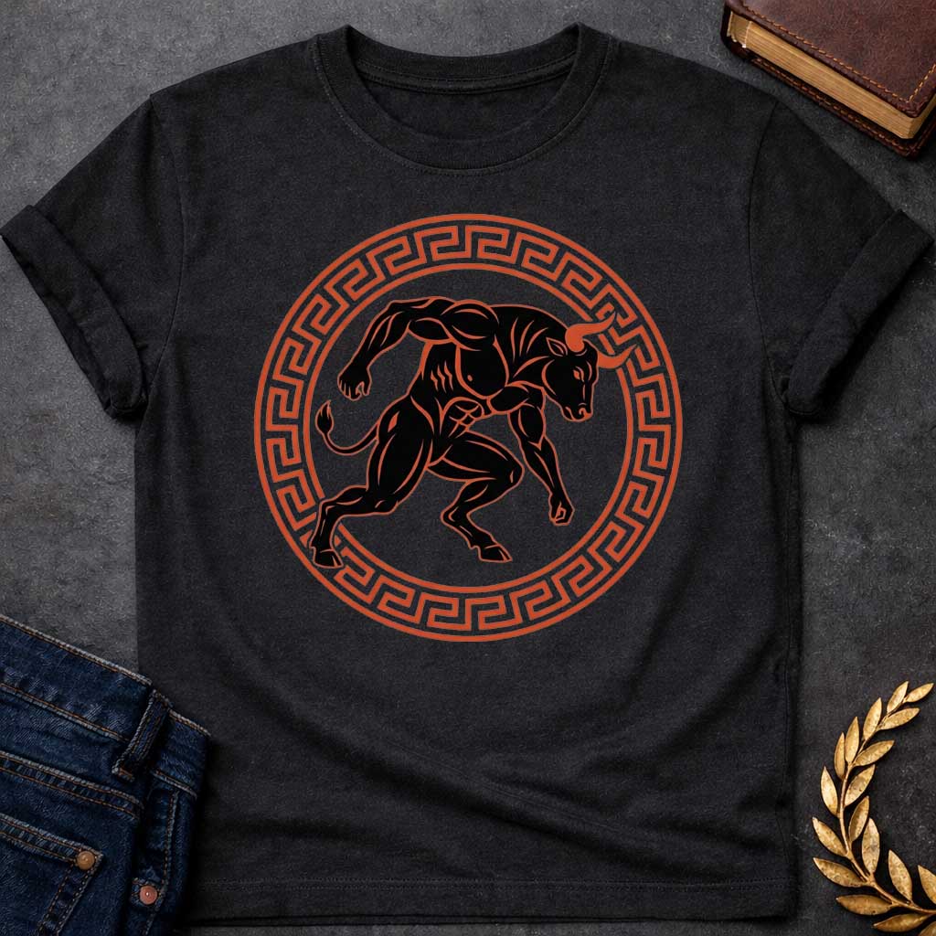 Black T-shirt with A minimalist, athletic-style t-shirt graphic.  At the center is a highly muscular, black silhouette of a charging Minotaur with orange-red highlights and sharp horns. The dynamic creature is enclosed within a circular frame decorated with a classic terracotta-colored ancient Greek key (meander) pattern, creating a bold, timeless emblem design for apparel.
