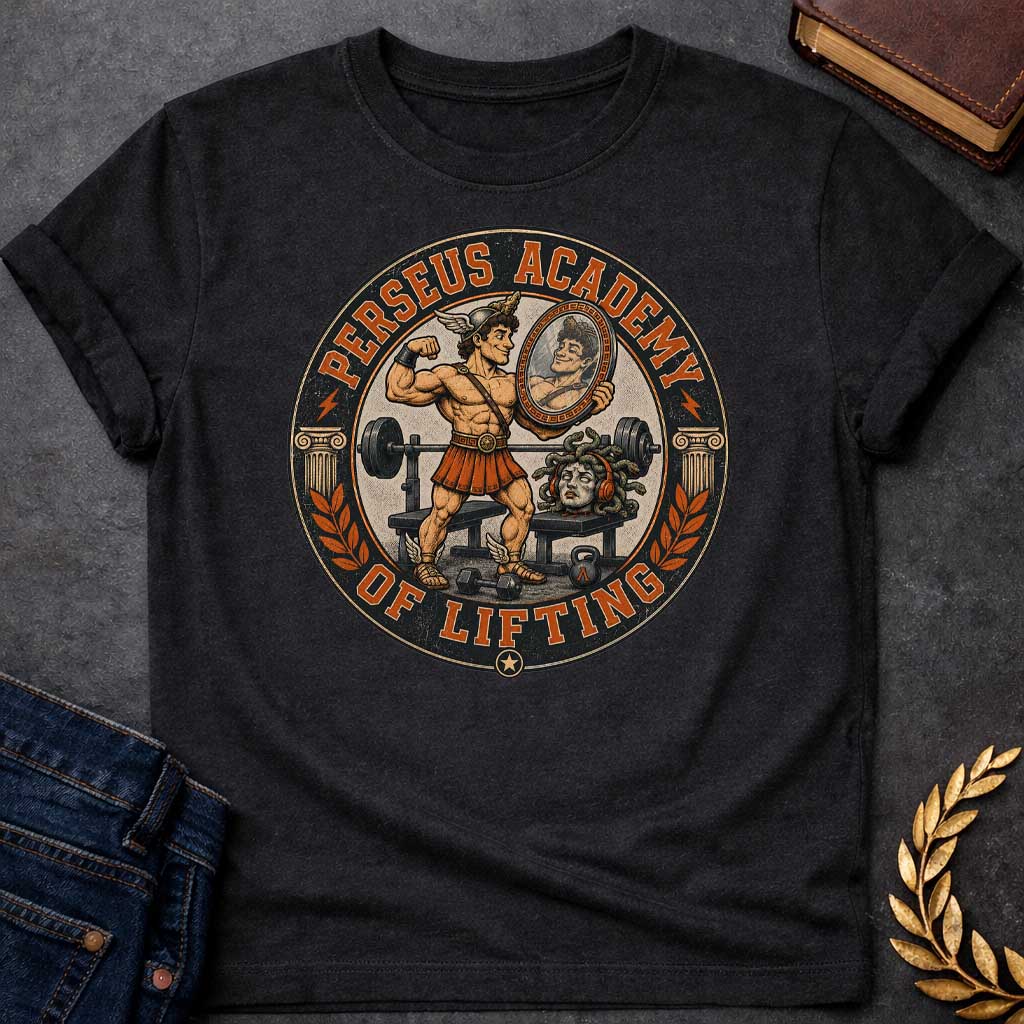 Black T-shirt in vintage badge style: a winged-helmet Perseus flexes his bicep in a gym, admiring himself in a hand-held mirror, wearing a bronze breastplate, kilt, and winged sandals. Behind him sits a barbell bench, dumbbells, and a kettlebell. Medusa's severed head rests on a bench wearing orange headphones, snake hair coiled. Ionic columns and laurel branches frame the circular black-and-orange design.