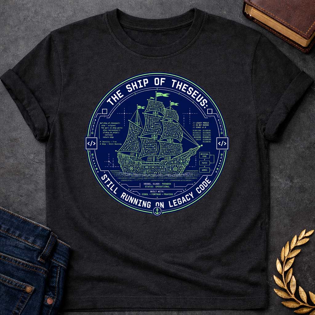 Black T-shirt with A Techno-philosophical badge featuring the mythological Ship of Theseus rendered as a circuit board schematic in neon green and navy blue. Classical sailing vessel integrated with computer code, binary, and technical diagrams. Text reads 'The Ship of Theseus Still Running on Legacy Code.' Code snippets reference the philosophical paradox. Bottom states 'Built with: COBOL, FORTRAN, Prayers.' Clever design merges ancient Greek philosophy with software engineering humor and technical debt co