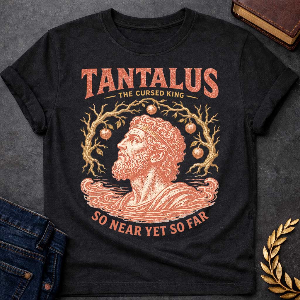 Black t-shirt with a Vintage Tantalus Greek mythology design featuring the cursed king surrounded by unreachable fruit trees and rising water. Distressed terracotta and gold artwork includes the text “Tantalus,” “The Cursed King,” and “So Near Yet So Far,” representing his eternal punishment of endless hunger, thirst, and temptation.
