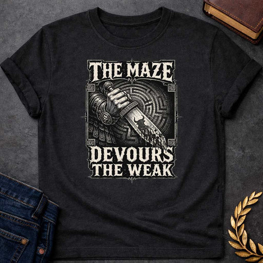 Black T-shirt with A Heavy metal aesthetic featuring a muscular clenched fist gripping a bloodstained sword pointing downward through concentric circular maze patterns in the background. Black and white engraving style with ornate decorative border and Greek key patterns in corners. Text reads 'The Maze Devours The Weak' in aggressive metal lettering. Merges Greek labyrinth mythology with dark warrior imagery, celebrating brutal power and survival of the strong.