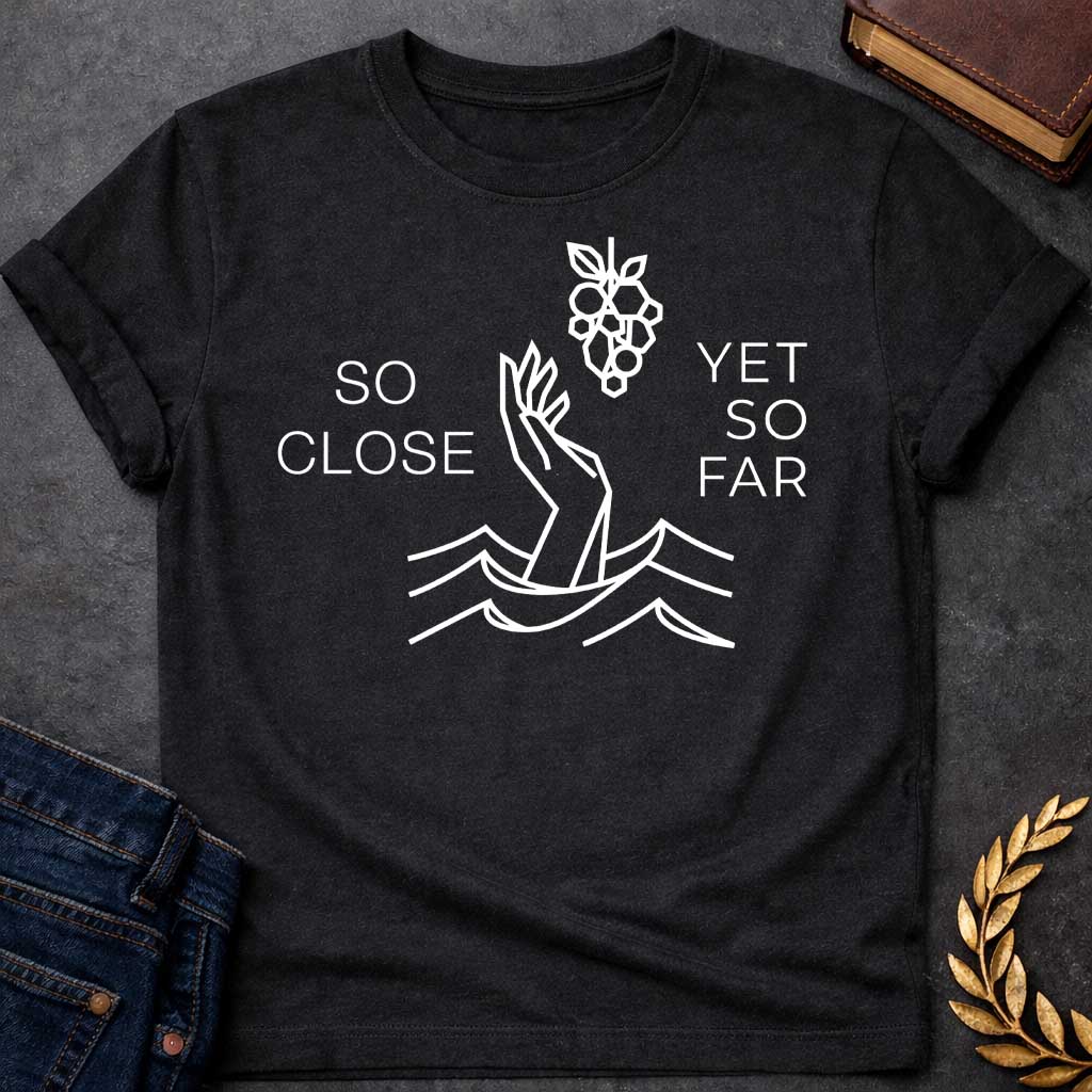 Black t-shirt with A minimalist, geometric line-art design. Rendered in crisp white lines, a stylized hand reaches out from geometric water waves toward a cluster of grapes hanging above it. Simple, thin sans-serif text flanks the central illustration, with "SO CLOSE" stacked on the left and "YET SO FAR" stacked on the right.