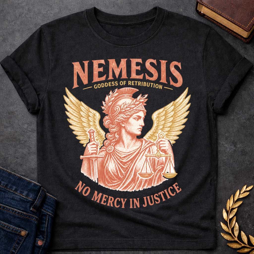 Black t-shirt with a Vintage Nemesis Greek mythology design featuring the goddess of retribution in a classical helmet and laurel crown, holding a sword and scales of justice. Large golden wings frame the distressed terracotta portrait. Text reads “Nemesis,” “Goddess of Retribution,” and “No Mercy in Justice.”