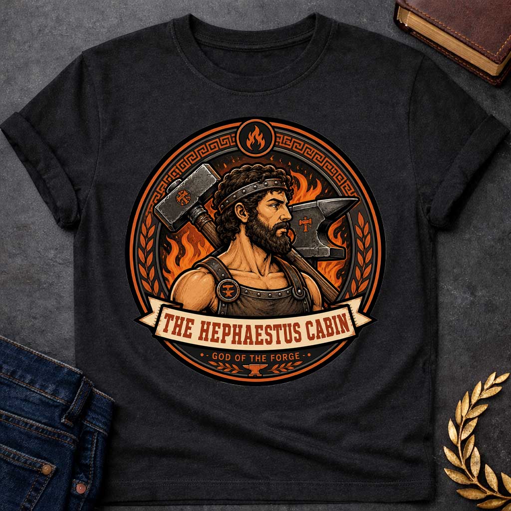 Black t-shirt with a Hephaestus Greek mythology cabin design featuring the bearded god of the forge carrying a large hammer, with an anvil and blazing flames behind him. Bold orange, black, and bronze circular emblem includes Greek key and laurel details with the text “The Hephaestus Cabin” and “God of the Forge,”