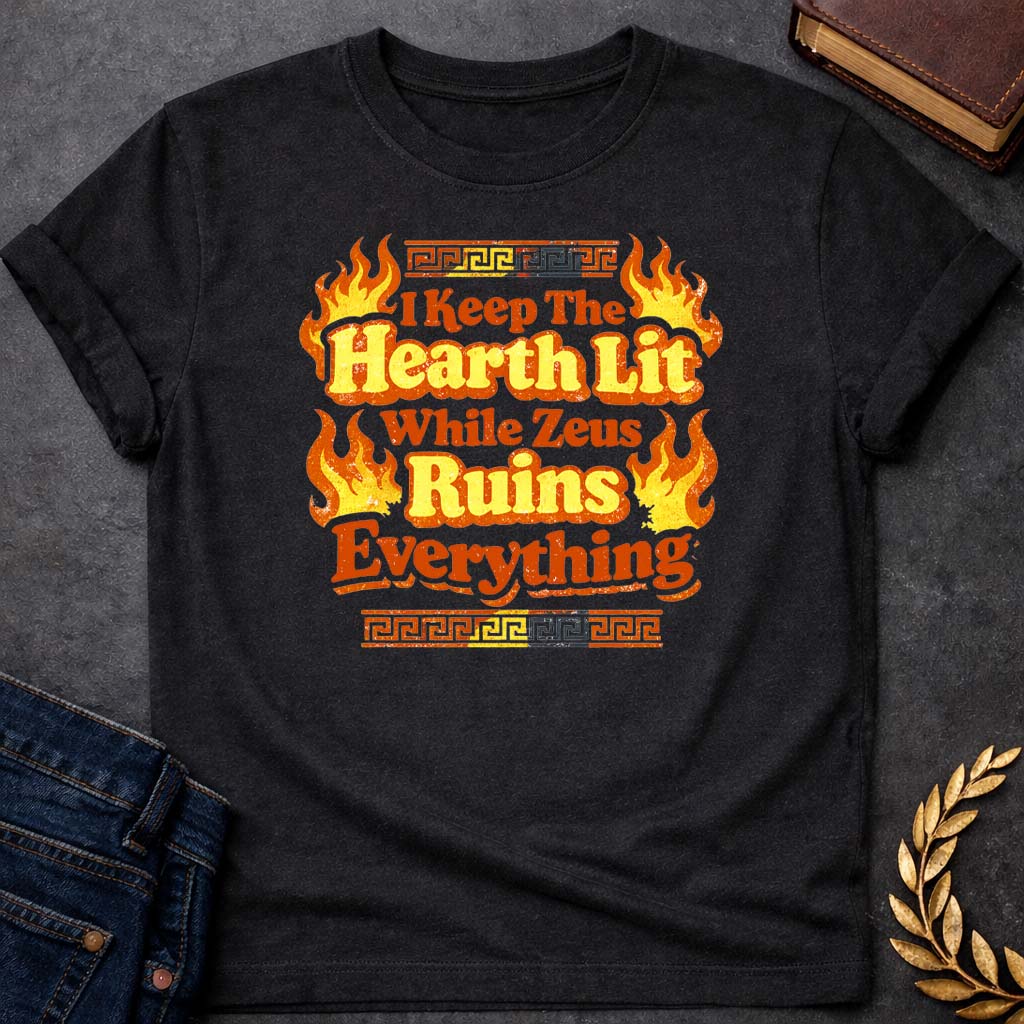 hestia i keep the hearth lit greek mythology youth t shirt featuring detailed Greek mythology artwork, symbolic design, and bold graphic style