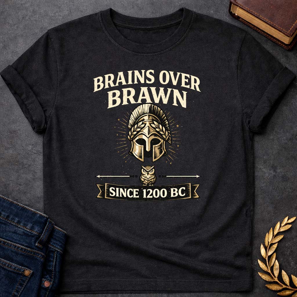 athena brains over brawn greek mythology adult t shirt featuring owl, laurel wreath, wisdom symbolism in vintage Greek mythology design