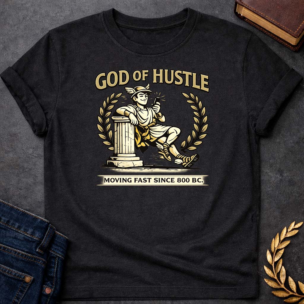 hermes god of hustle greek mythology youth t shirt featuring detailed Greek mythology artwork, symbolic design, and bold graphic style