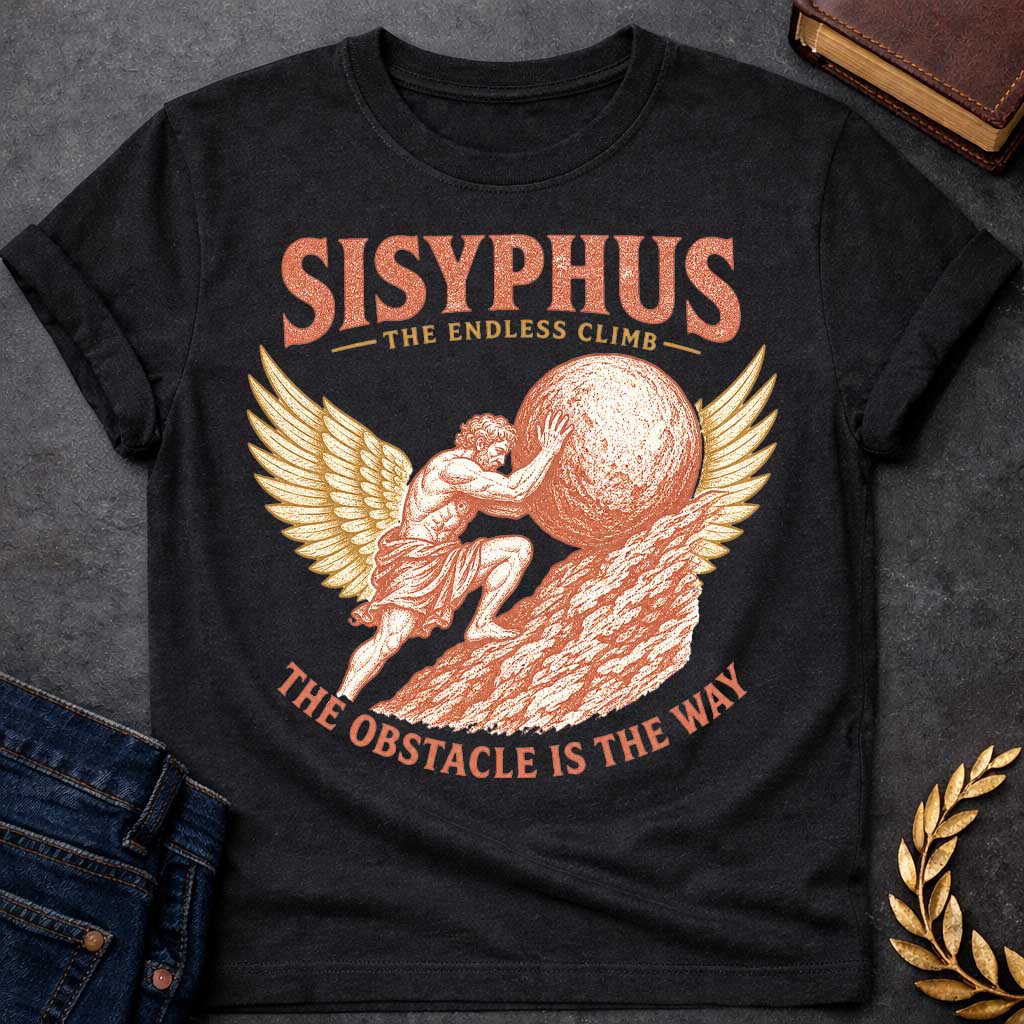 Black t-shirt with a Vintage Sisyphus Greek mythology design featuring the legendary figure pushing a massive boulder up a steep mountain, framed by golden wings. Distressed terracotta and gold artwork includes the text “Sisyphus,” “The Endless Climb,” and “The Obstacle Is the Way,” symbolizing perseverance, struggle, and determination.