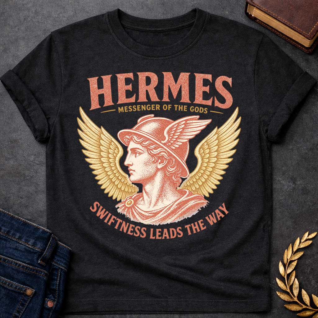 Black t-shirt with a Vintage Hermes Greek mythology design featuring the Messenger of the Gods in profile wearing his iconic winged helmet, framed by large golden wings. Distressed coral and gold artwork creates an antique classical style with bold text reading “Hermes Messenger of the Gods” and “Swiftness Leads the Way.”