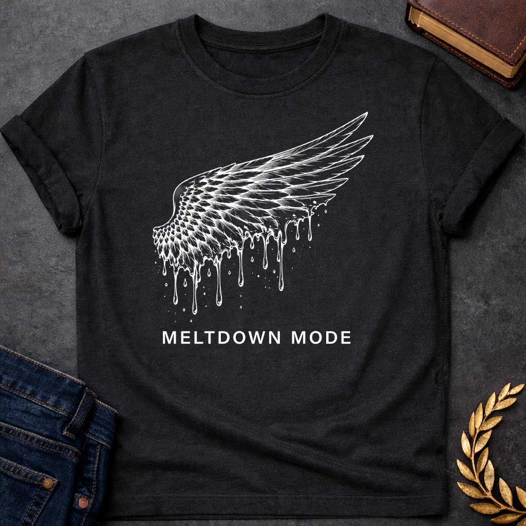 Black t-shirt with a minimalist, detailed line-art design. A single feathered wing, inspired by the myth of Icarus, stretches upward as wax drippings and droplets melt away from its bottom edge. Centered beneath the illustration, bold white text reads "MELTDOWN MODE" in a clean, spaced-out sans-serif font.