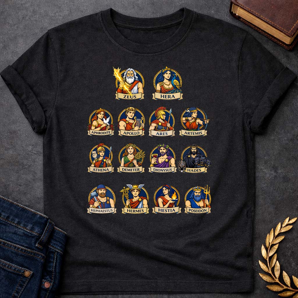 The Olympians Portraits Greek Mythology Adult T-Shirt featuring detailed Greek mythology artwork, symbolic design, and bold graphic style