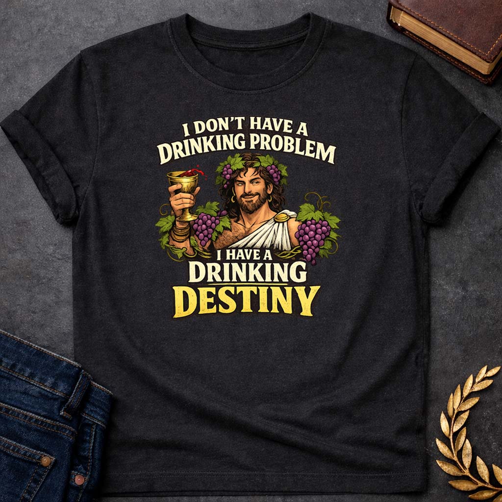 Dionysus I Don't Have a Drinking Problem Greek Mythology Adult T-Shirt featuring detailed Greek mythology artwork, symbolic design, and bold graphic style