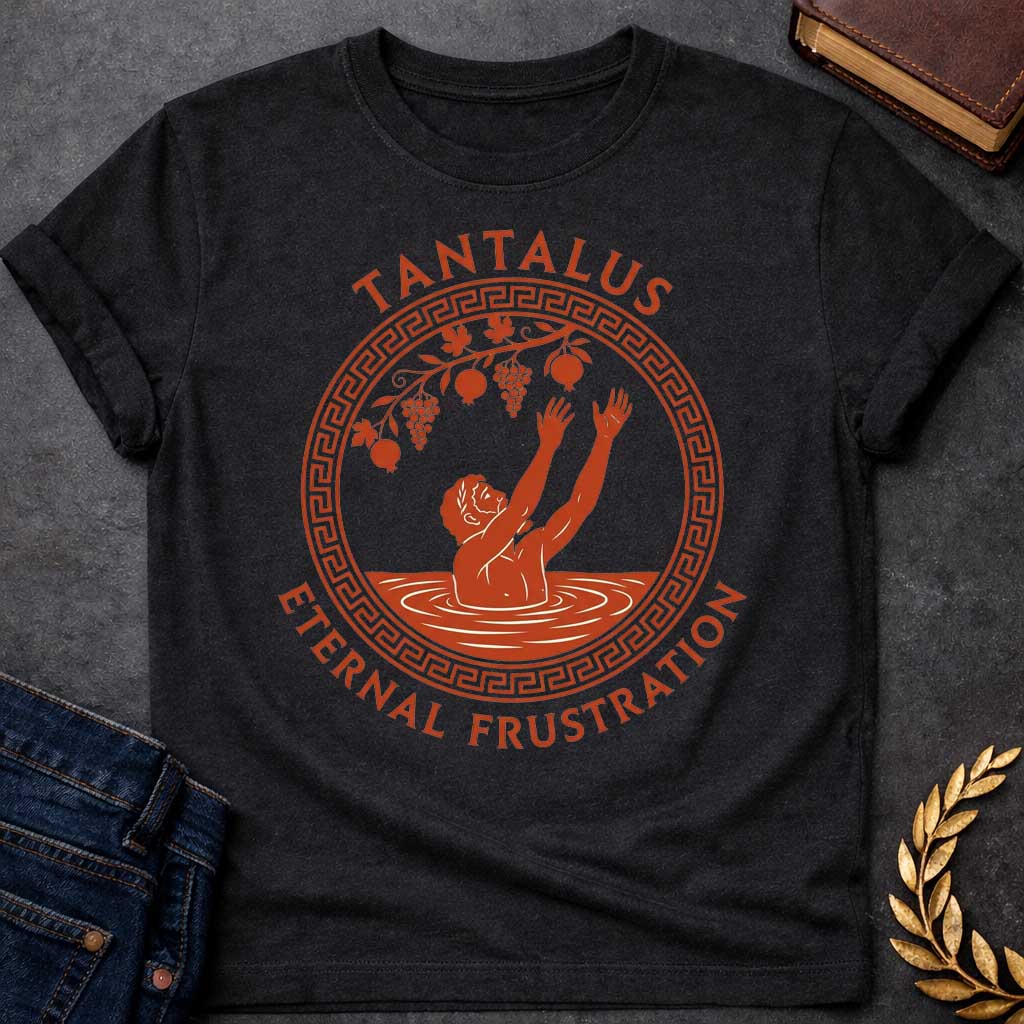 Black t-shirt with An ancient Greek pottery-style t-shirt graphic for "enternal frustration.jpg". Inside a circular terracotta frame with a classic meander key pattern, a figure stands waist-deep in water reaching both hands up toward dangling grapes and pomegranates. Arched above the emblem, bold terracotta text reads "TANTALUS", while the phrase "ETERNAL FRUSTRATION" curves around the bottom in matching serif typography.